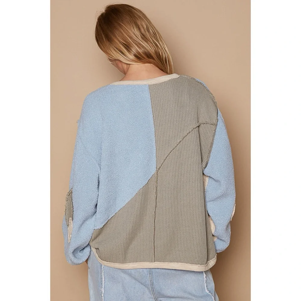POL Blue Colorblock Mixed Fabric Pullover | Fleece Thermal Knit Top